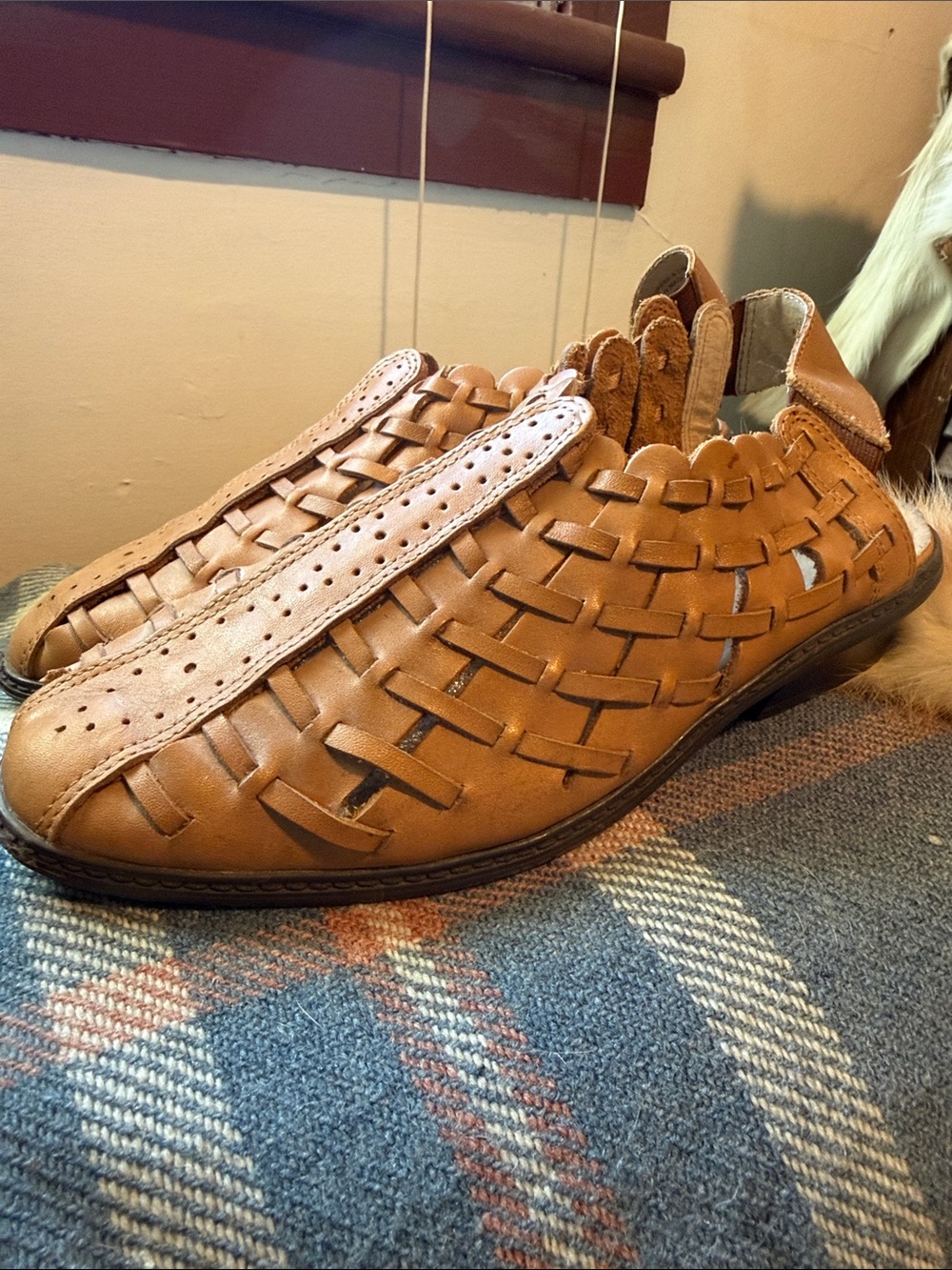 Women's Tan Woven Leather Sandals - Casual Breathable Slip-On